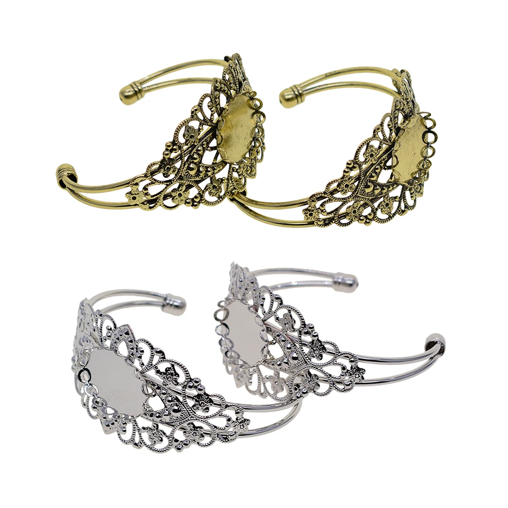 Phenovo-4x Filigree Flower Adjustable Bangle Blank Bezel Base Settings silver color Bronze