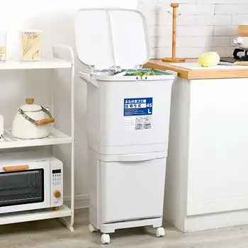 

Kitchen Press Garbage Bag Holder Sorting Trash Can Rubbish Bin Pedal Type Dry And Wet Separation Recyclable Waste Bin with wheel