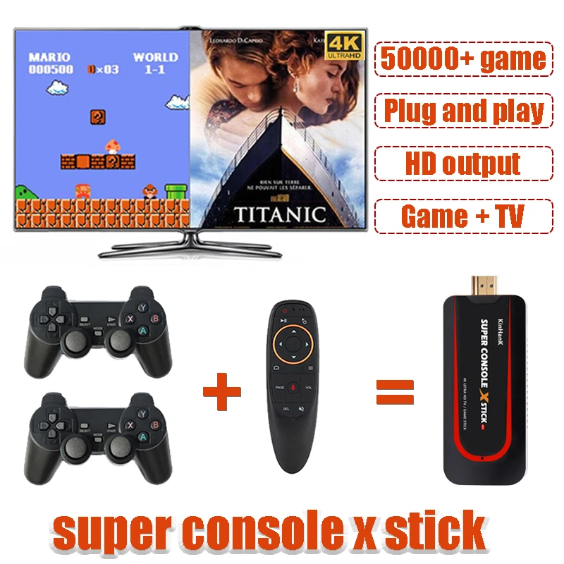 Super console x vara mini emulador de console de jogos de vídeo embutido 50000 + jogos duplo controlador jogador 4k 64 bit console retro