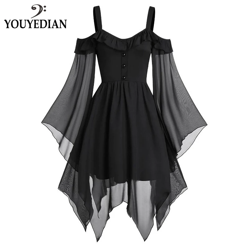 

Halloween party dress sexy perspective gothic dress Plus Size sexy black low chest Lace Butterfly Sleeve dress for party#1010y20