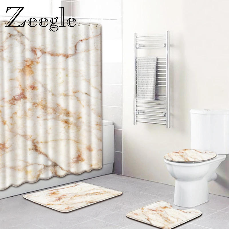 

Zeegle Marble Pattern Bath Mat with Shower Curtain Set Soft Pedestal Rug Lid Toilet Cover Waterproof Shower Curtain with Hooks