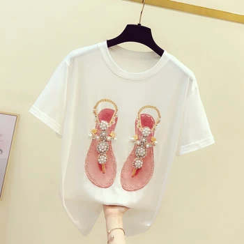 

Women Summer T-shirt Heavy Industry Beaded Diamond Three-dimensional Pattern Printing T-shirt Female T-shirts Students Tees Tops