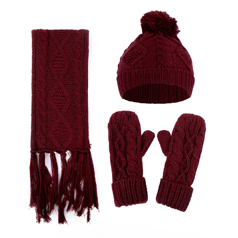 

2019 Fashion Autumn Winter Women Solid Skullies Scarf Gloves Set Solid Warm Knitted Tassel Scarf Knitted Gloves Knitted Wool Hat