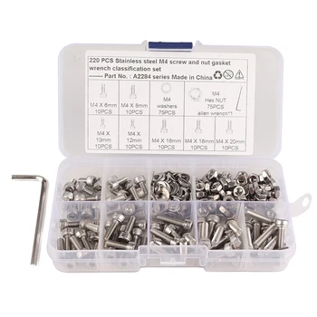 

220 PCS Boxed 304 Stainless Steel Screw Kit M4 Hexagon Socket Head Screw Wrench Combination