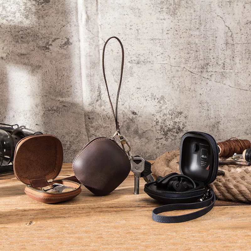 Luxury genuine cowhide leather vintage wireless earphone cases for powerbeats pro retro casual zipper earphone accessories