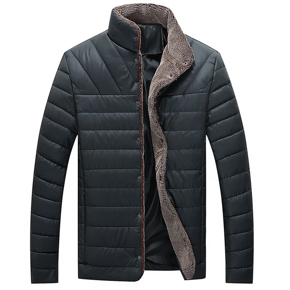 Winter Men Solid Color Stand Collar Long Sleeve Button Down Jacket Quilted Coat Men Casual loose plus velvet thick warm Outwear