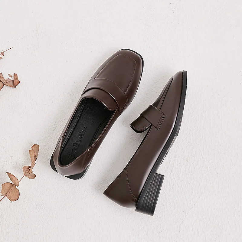 brown no plush Brief moccasins square toe shallow women shoes casual comfy all match flats solid leather ladies wear resistant loafers footwear - Цвет: brown no plush