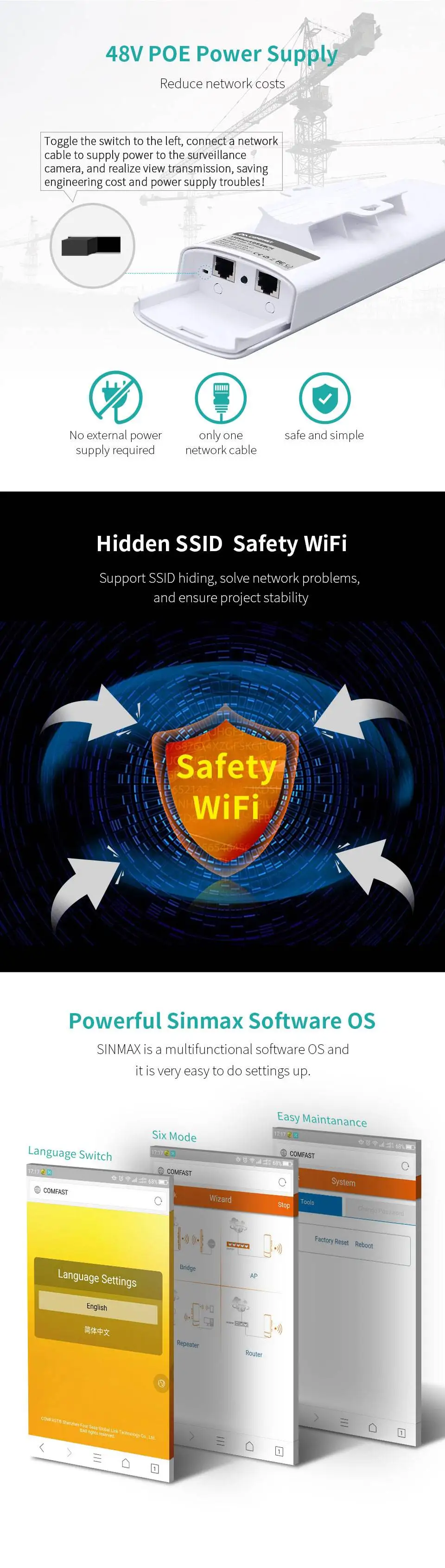 Comfast-E314N 300 Мбит/с 2,4 г беспроводной открытый маршрутизатор wifi Усилитель сигнала Усилитель 3 км CPE WDS сетевой мост 2* 14dBi антенна
