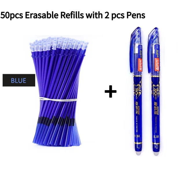 2+50Pcs/Set 0.5mm Blue Black Ink Gel Pen Erasable Refill Rod Erasable Pen Washable Handle School Writing Stationery Gel Ink Pen 5