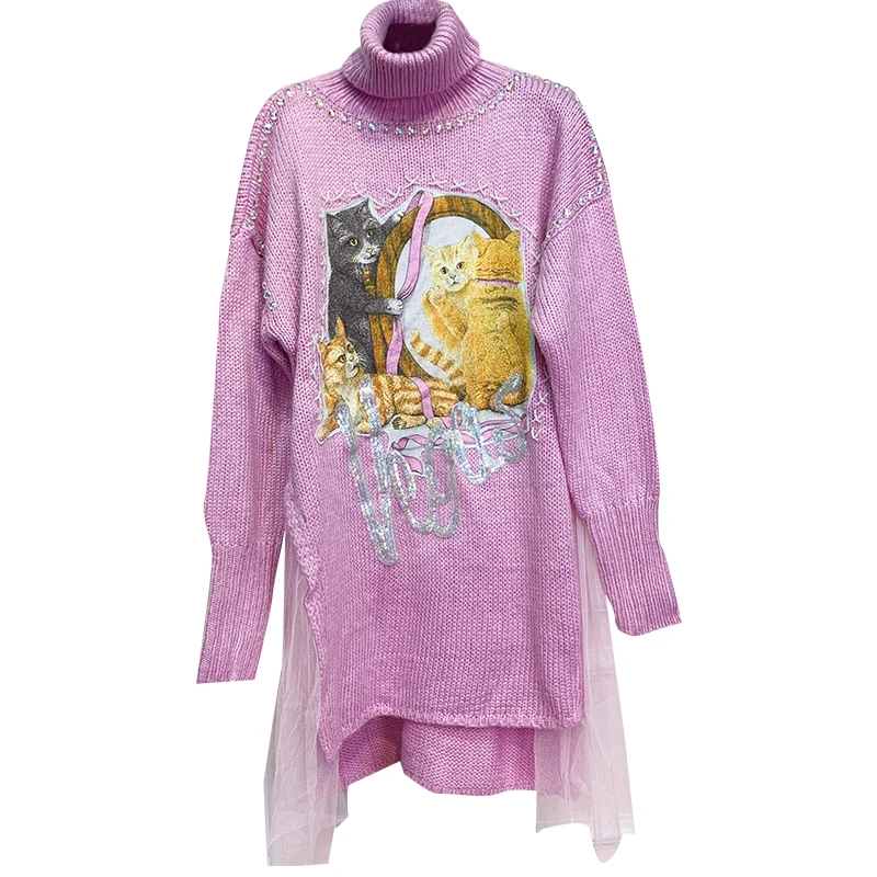 ^Cheap Thai Tide brand 2019 autumn and winter cartoon stickers sequins mesh stitching sweet long long turtleneck sweater