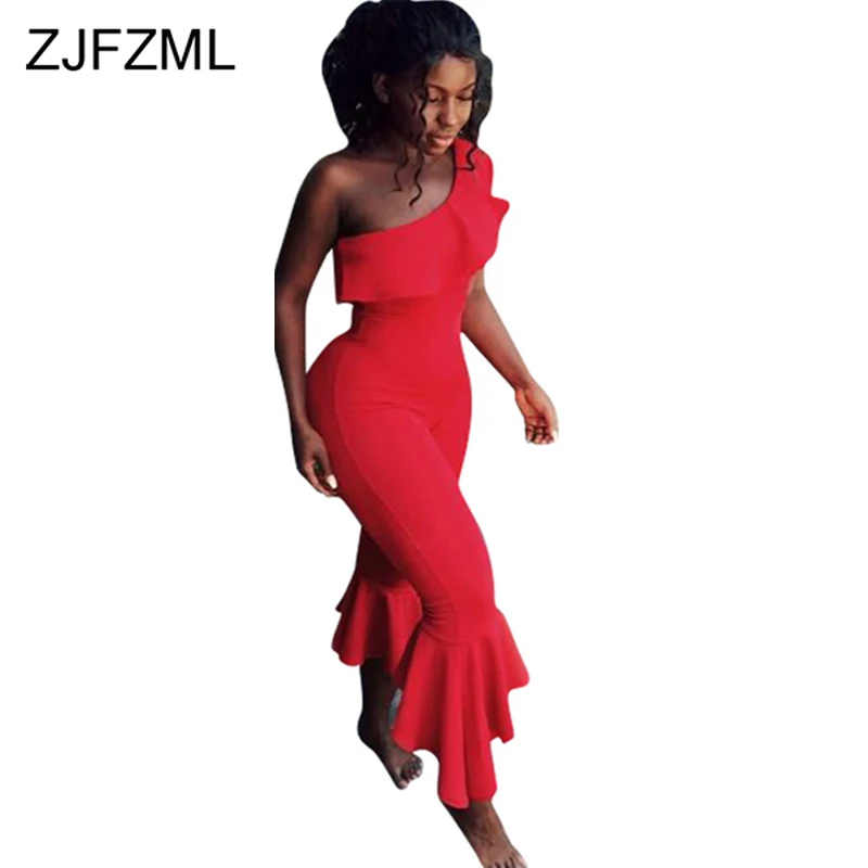 

Sexy Ruffles Flare Jumpsuit Women Plus Size One Shoulder Bodycon Red Playsuits Summer Open Back One Piece Party Club Rompers