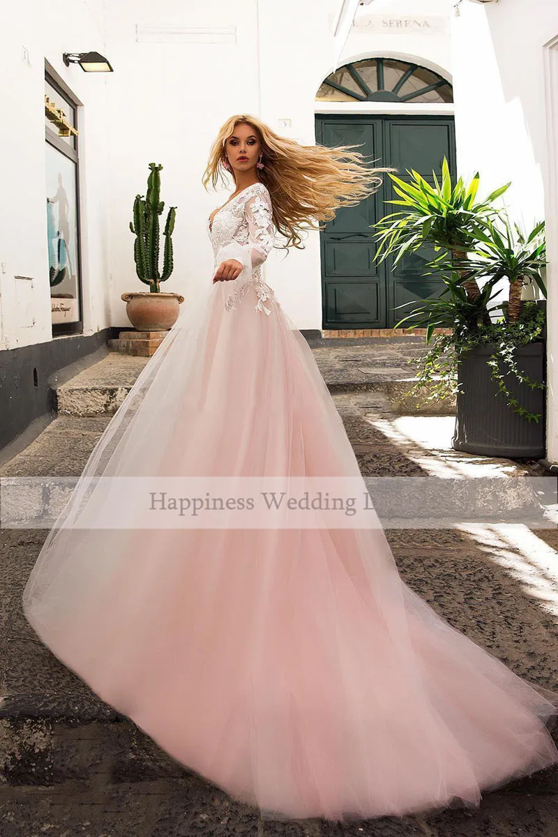 Booma-Elegant-Lace-Appliqued-Soft-Tulle-Pink-Wedding-Dresses-2020-Long-Sleeve-Beach-Boho-Bridal-Gowns (2)