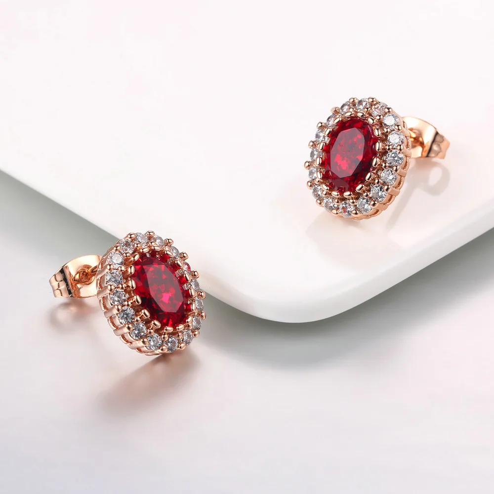 Женские свадебные комплекты серьги и кольцо цвета розового золота с красными