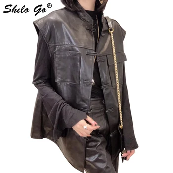 

Genuine Leather Vest Highstreet Mock Neck Single Breasted Sleeveless Vest Coats Women Autumn Casual Front Pocket Black Outwear