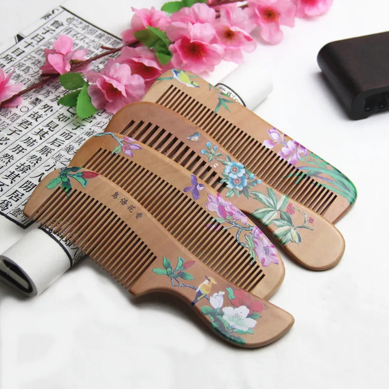 

Hot Flower Painted Chinese Peach Wood Comb Healthy Scalp Massage Anti-Static Comb Hair Care Wooden Beauty Tool Gift
