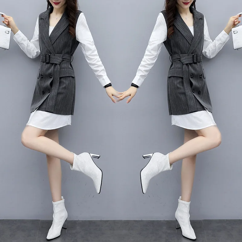 

2019 Autumn Shirt Joint Suit Waistcoat Trench Coat Mock Two-Piece Dress Autonomous Figure