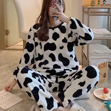 Women Pyjamas Sets Thin Coral Velvet Long Sleeve Sleepwear Pajamas Set Girl Kawaii Cow And Duck Print Fall Winter Warm Flannel