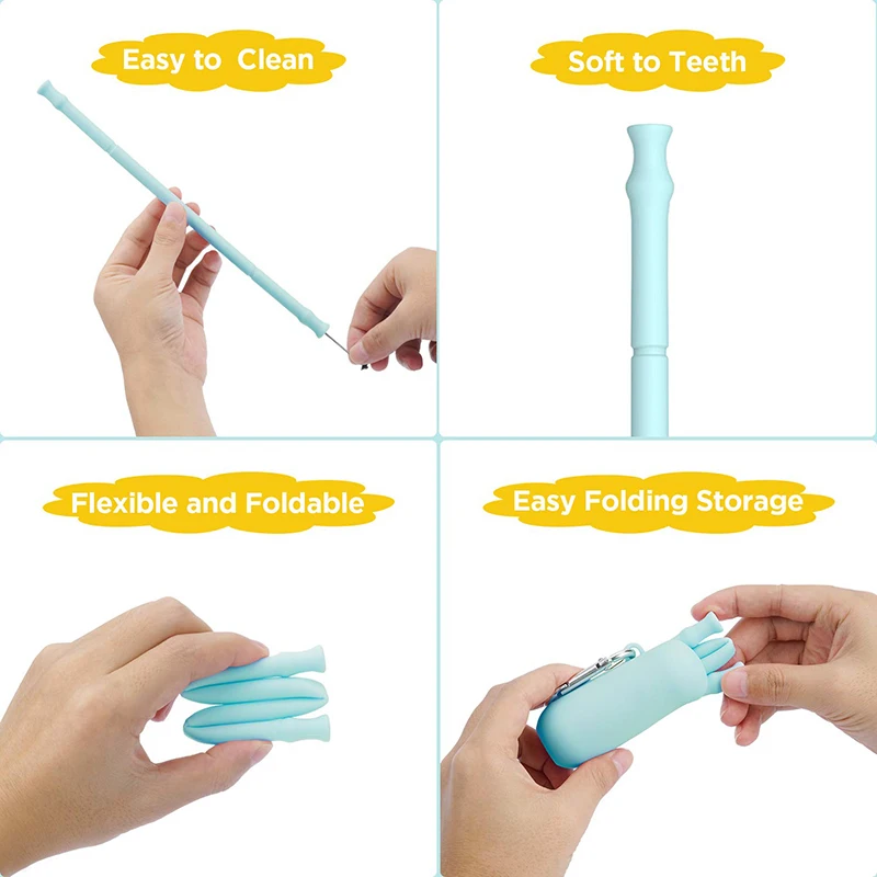 Collapsible Straws Drinking Straw Travel Portable BPA Free Silicone Straw with Carrying Case and Cleaning Brush
