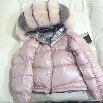 

Real Fur Coat Natural Fox Fur Collar 2019 Winter Jacket Women Loose Short Down Coat White Duck Down Jacket Thick Warm Down Parka