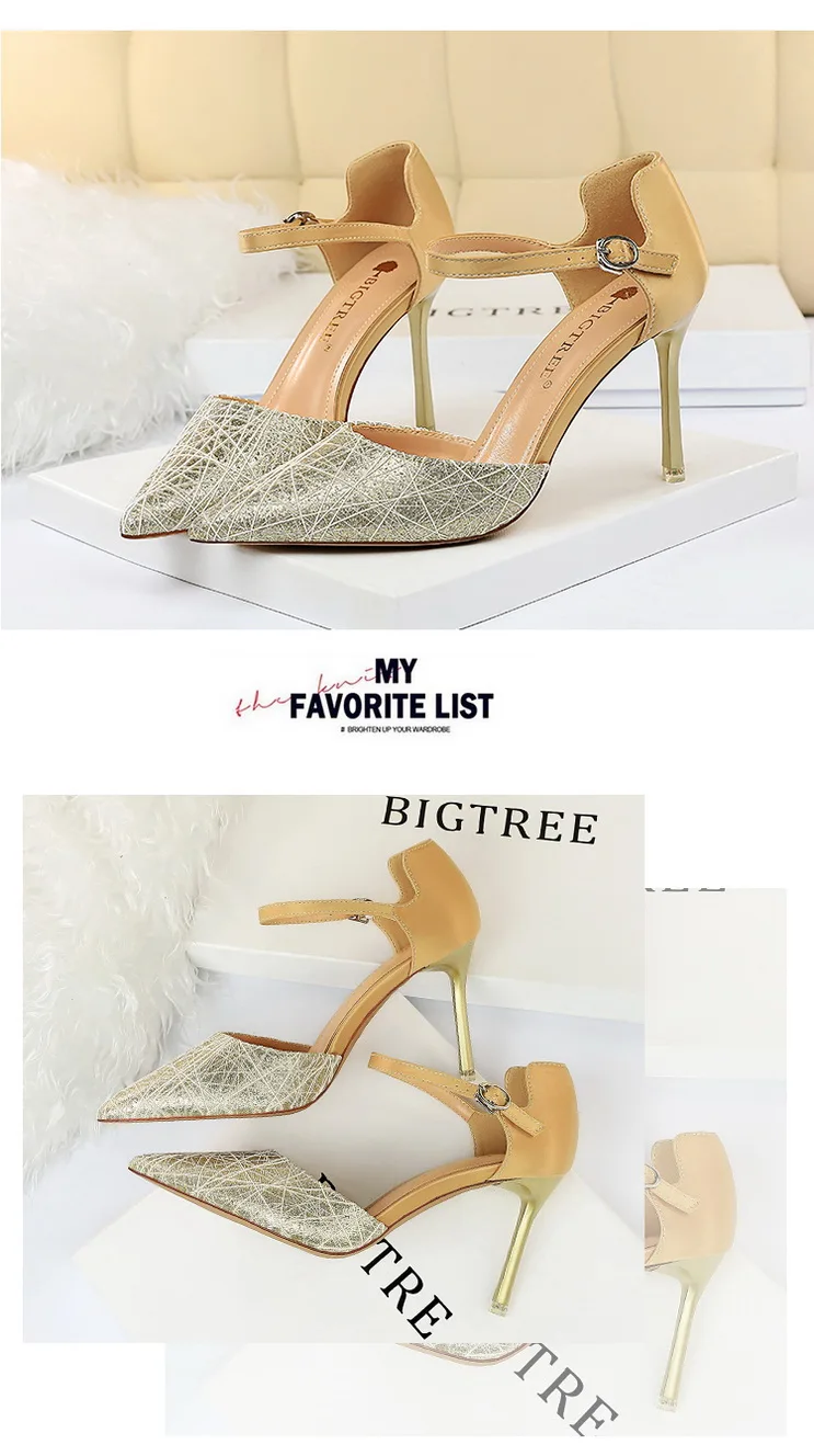 BIGTREE/пикантные золотистые босоножки на высоком каблуке; женская летняя обувь; женские босоножки с острым носком с геометрическим рисунком; модель года; sapato feminino