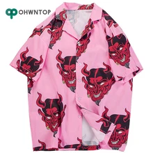 Хип хоп топы рубашки в уличном стиле для мужчин дьявол полный печати короткий рукав летние цветочные раппер harajuku Свободные Гавайские корейские рубашки