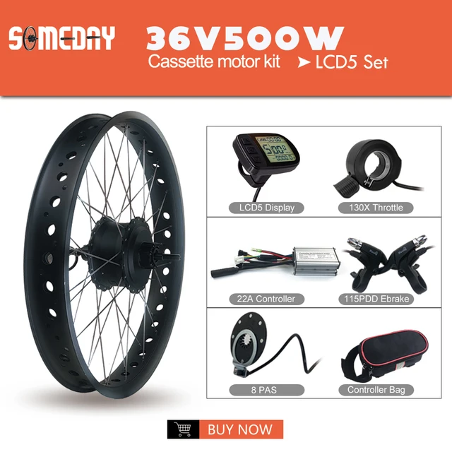SOMEDAY 36V/48V 500W Snow Bike Electric Bicycle Conversion Kit 20 26 Inch Wheel Rear Cassette Hub Motor for Fat Tire Bike 36V LCD5 Set