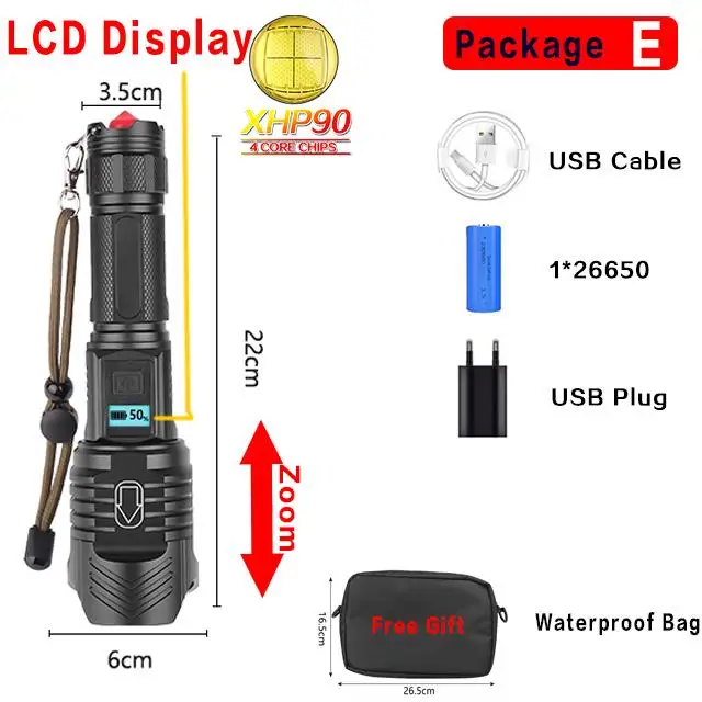 Яркий светодиодный фонарь XHP90 со встроенным смарт-чипом с ЖК-дисплеем для регулирования яркости и экономии энергии фонарь с зумом 26650 - Испускаемый цвет: E