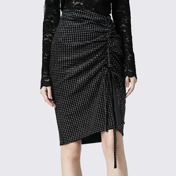 

Women Sexy High Waist Wrapped Skirt Black Plaid Asymmetry Pleated Midi Skirts Office Ladies New Autumn Winter Warm Velour Skirt