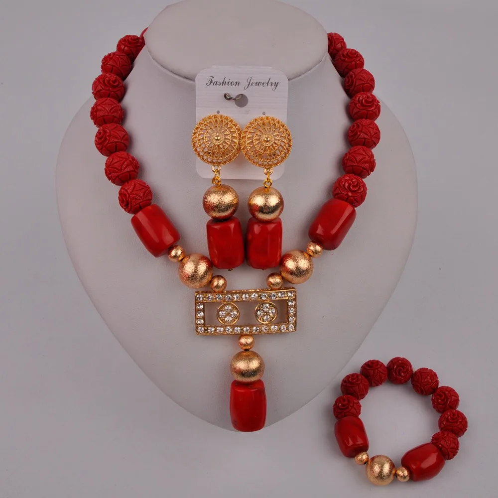 Красный нигерийский коралловый бисер Африканский комплект костюм ожерелье