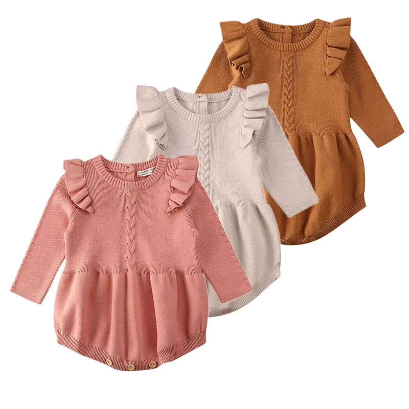 Autumn Winter Infant Newborn Baby Girls Knitted Sweater Bodysuit Long Sleeve Solid Ruffled Jumpsuit Outfit Set 0-3T |