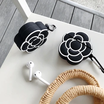 

Camellia earphone case For Apple airpods 1 2 3D black flower cover silicone Anti fall Wireless headset box Keychain Accessories
