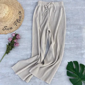 

2020 Autumn & Winter New Arrival Knit Wide Leg Pants Korean Version Wild Sequins Pleated Elastic Waist Pants Free Shipping