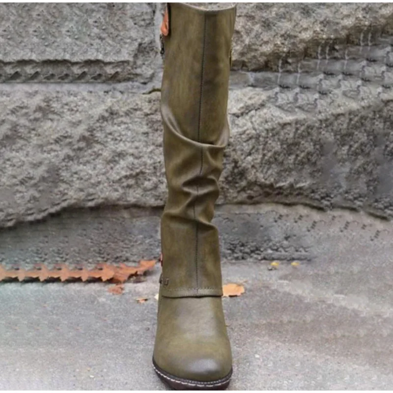 MCCKLE/женские ботинки до середины икры Винтажная обувь из искусственной кожи в британском стиле женские модные высокие сапоги в стиле ретро на низком каблуке с молнией