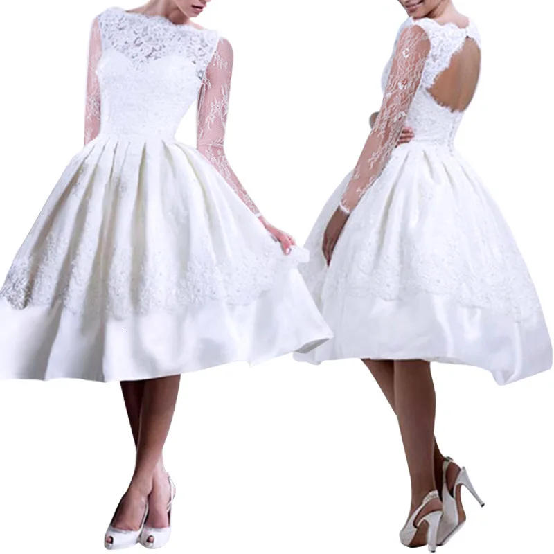 

BacklakeGirls 2019 White Scoop Neck Full Sleeves A Line Lace Tiered Cocktail Dresses Hollow Out Back