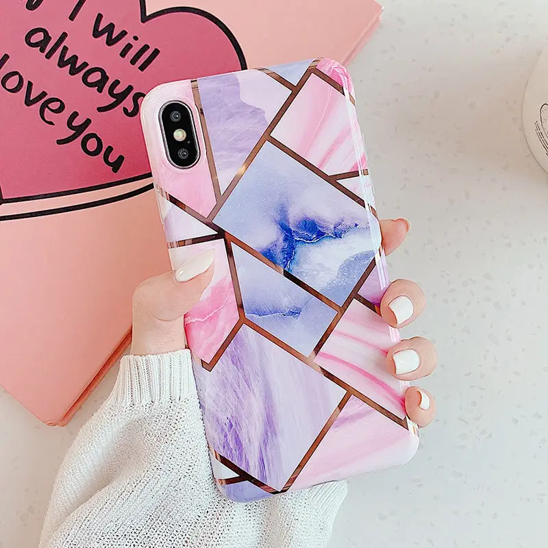 Гальванический геометрический мраморный чехол для телефона для iPhone 11 11Pro Max XR X XS Max 7 8 6 6S Plus Глянцевая мягкая IMD задняя крышка Капа