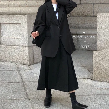 

ZCSMLL Korea Chic Cold Wind Lapel Loose Suit Jacket + High Waist Pleated Casual Skirt Suit Women Vintage Fashion Set