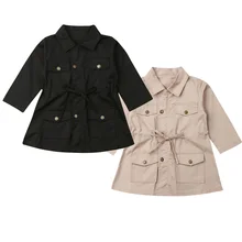 Модные детские осенние ветровки с длинными рукавами и отворотом для девочек; Тренч; детское повседневное пальто с карманами на шнурке