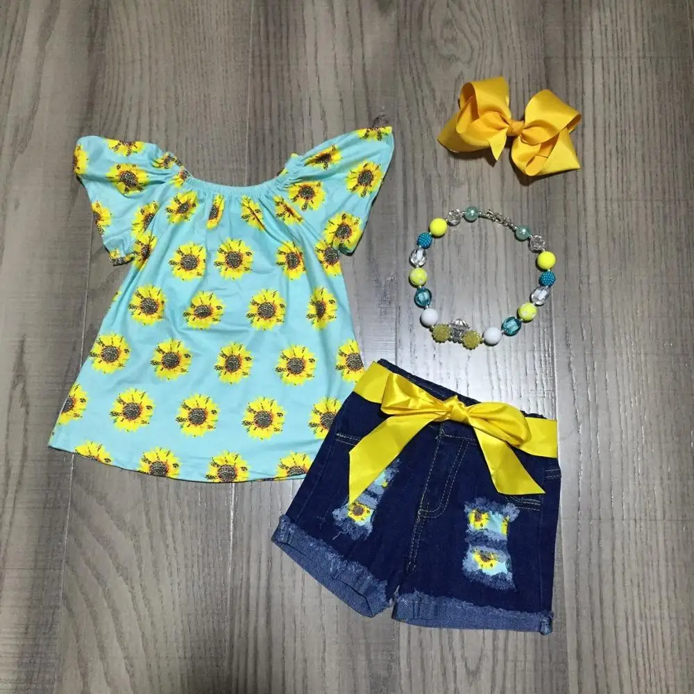 Comprar Ropa para bebés niñas trajes de girasol niña aqua shirt jeans shorts con cinturón ropa para niños con accesorios