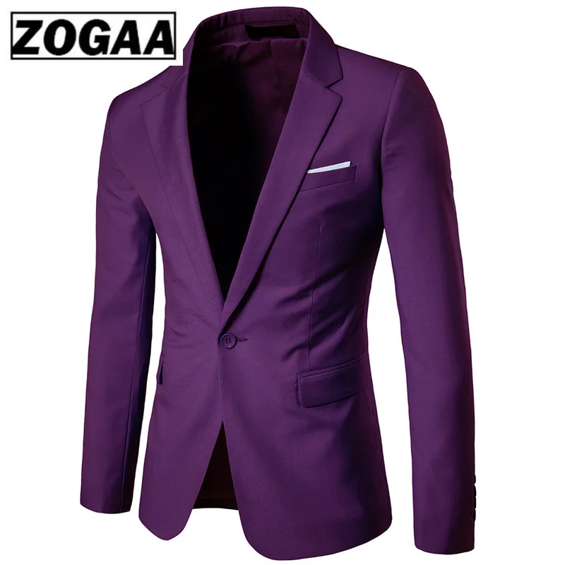 Purple ZOGAA, Мужской Блейзер, Повседневный, на одной пуговице, тонкий, офисный костюм, Осень-зима, куртка, пальто, деловой мужской пиджак, мужские деловые пиджаки - Цвет: Purple