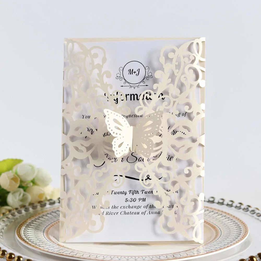  10pcs Vertical Laser Cut Butterfly Invitations Cards Kits for Wedding Bridal Shower Birthday - 4.0003E+12