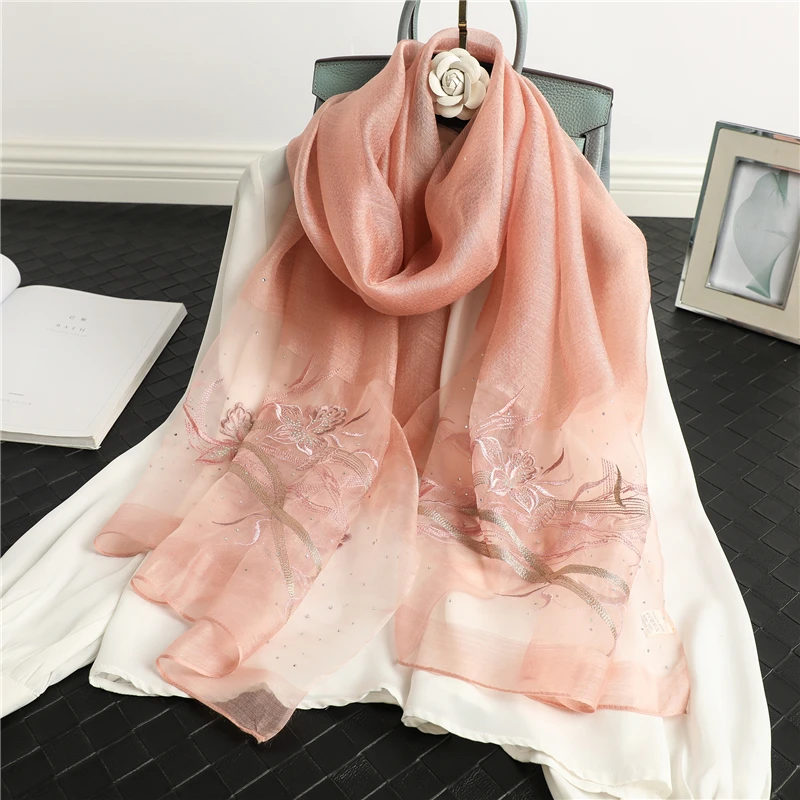 

Beach Headscarf Women Silk Wool Scarf Floral Embroidery Female Foulard Hijab Pashmina Spring Shawls Wraps Bufanda Stoles