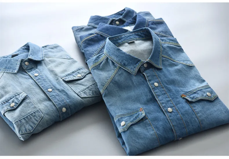 Spring Men Simple solid color Long sleeve Denim Shirts Male vintage Slim Cotton casual Cargo Jeans Shirt camiseta masculina