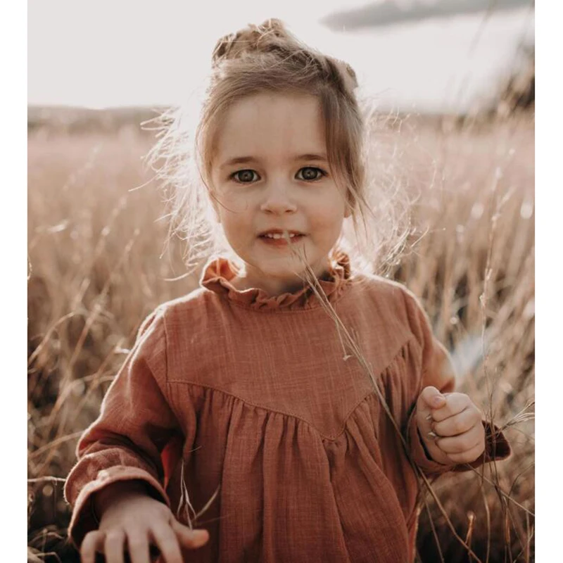Kids Clothing Toddler Kids Girls Dress Linen Dress Brown Color Spring Baby Girls Dresses European& America Style Clothing