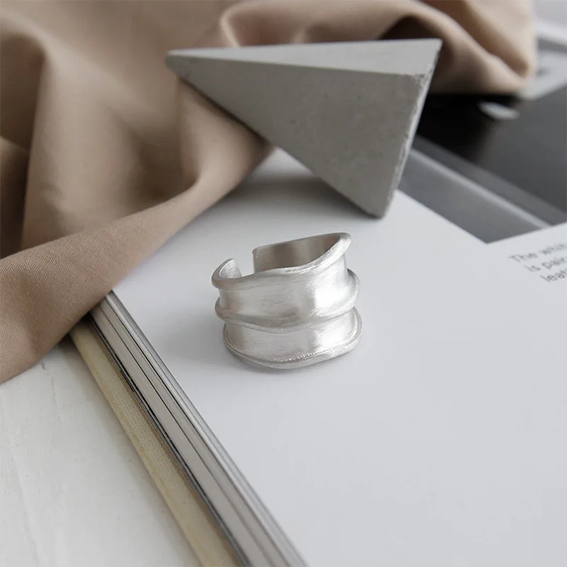 OLOEY Authentic 925 Sterling Silver Adjustable Ring Morden Wide Brushed Silver Open Rings Women Fine Party Jewelry YMR899