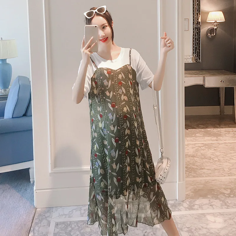 

2019 Summer Korean-style Women's Chiffon Floral Print Mock Two-Piece Large Size Loose And Comfortable Fashion Pregnant Women Dre