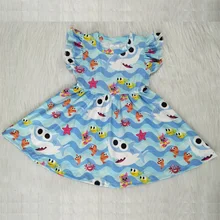 Новые модные повседневные платья для девочек ясельного возраста с рисунком акул, рыбы, крабов, с рукавами-крылышками, милая детская одежда