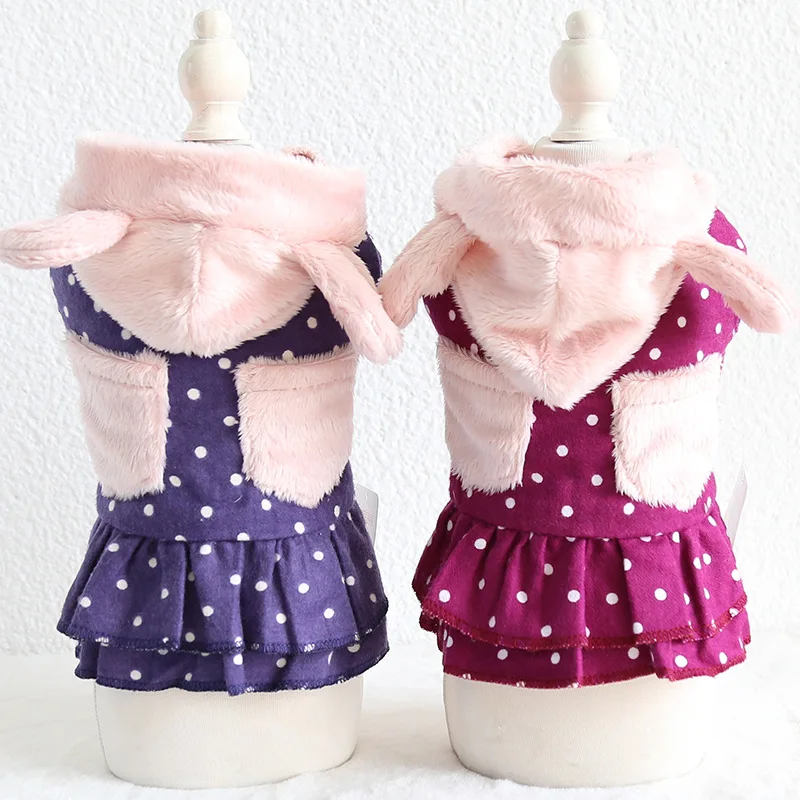 

Autumn and Winter Newest Dog Warm Dresses with Pocket with Wave Point Printed Red Purple Colors Skirt Pet Clothes Dog Dresses