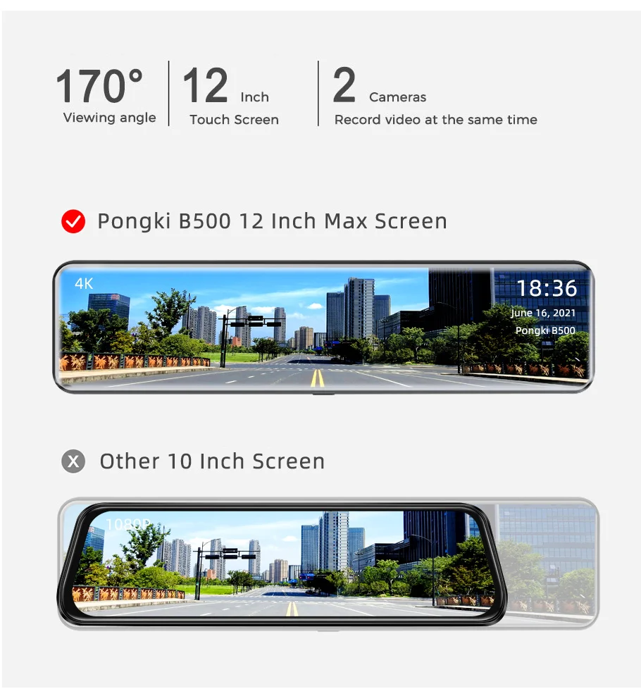 12 Inch Full Screen Pongki Rearview Dash Cam Wide 2160p Auto Cam B500 Rear View Mirror Car Recorder Stream Media Car DVR Cam dash cam mirror