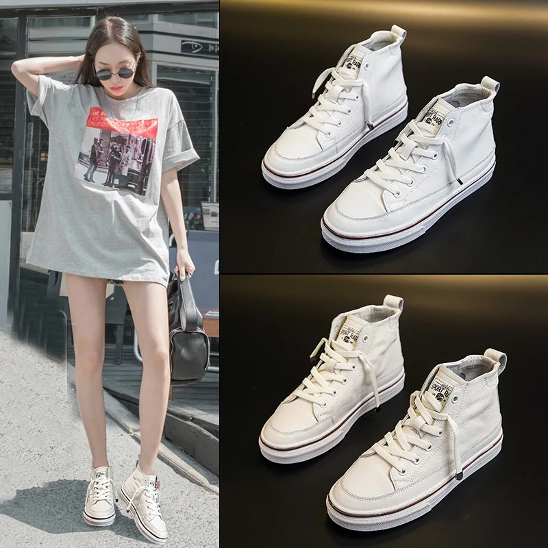 

2019 Spring New Style WOMEN'S Genuine Leather Shoes Hight-top Flat WOMEN'S Shoes Korean-style Sports Shoes White