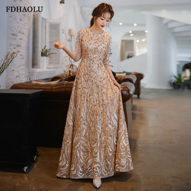 evening dresses with sleeves FDHAOLU FU107 New Luxury Sequins Evening Dress Banquet Elegant Gold Half Sleeved Party Prom Gown Robe De Soiree plus size evening gowns